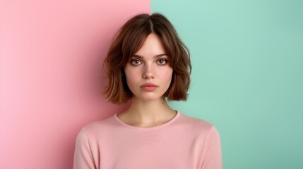 Fototapeta premium young woman with short brown hair posing against colorful background