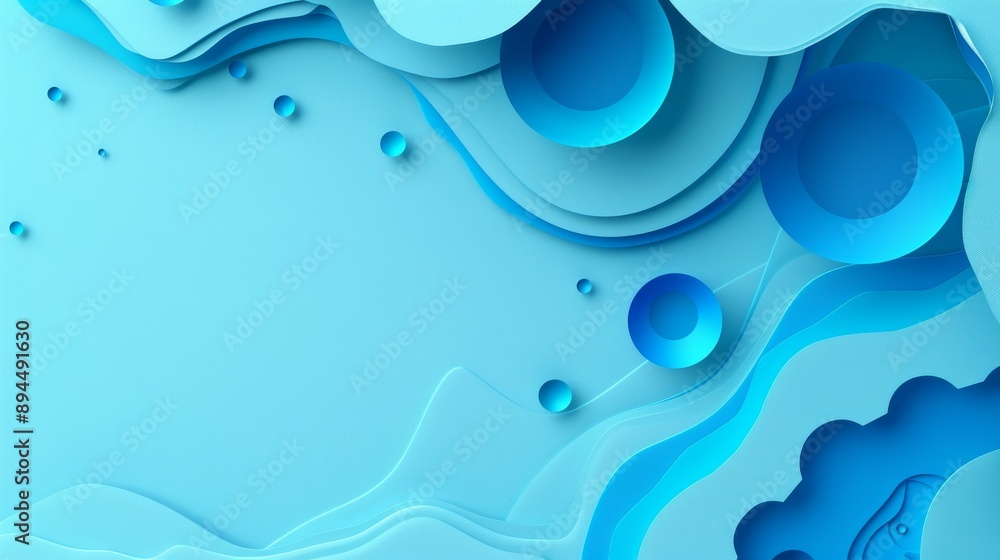 Poster vibrant blue gradient background with minimalistic 3d paper craft elements and copy space