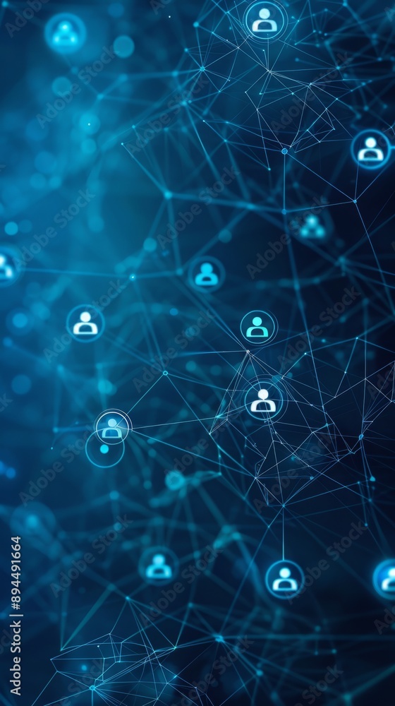 Poster abstract blue background with icons of people in circles and lines, representing a network connectio