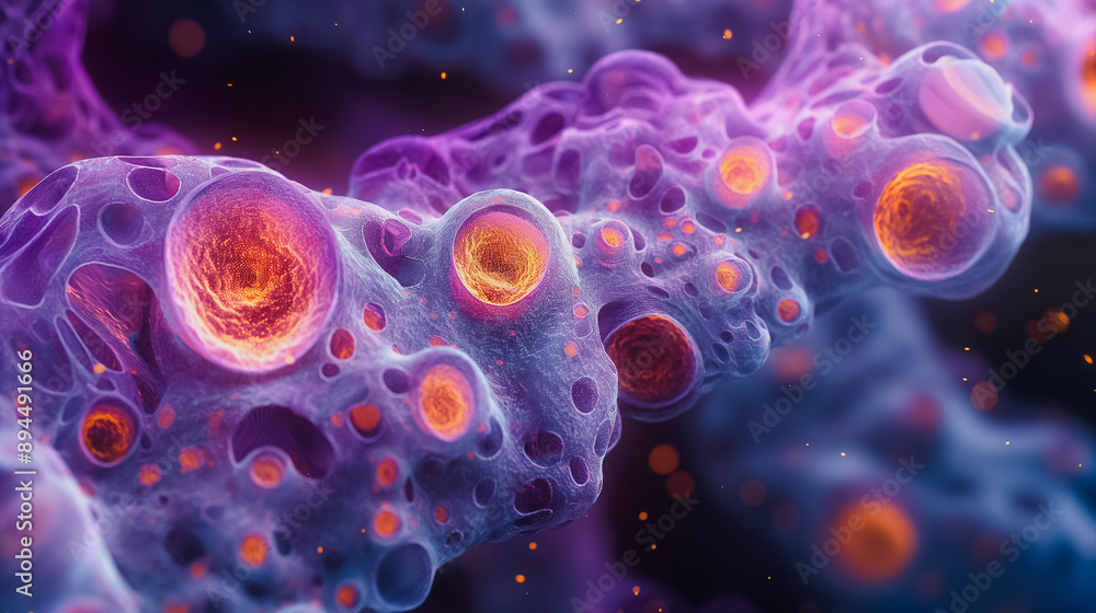 Poster vibrant and detailed abstract microscopic view of moving cells, illustrating biological and scientif