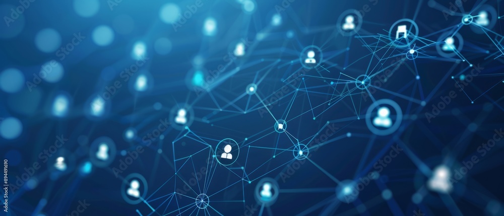 Poster abstract blue background with icons of people in circles and lines, representing a network connectio