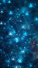 Fototapeta premium Abstract blue background with icons of people in circles and lines, representing a network connection or social media technology concept