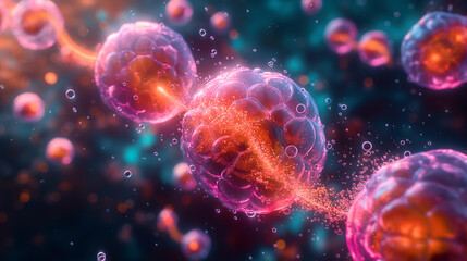 Microscopic depiction of cells in motion, highlighting vivid colors and complex details, symbolizing scientific and biological concepts.