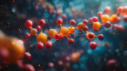 Creative portrayal of molecules within a fluid environment, emphasizing biotechnology, molecular chemistry, and scientific research themes.