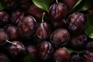 Fototapeta premium Fresh Plums with Droplets of Water and Leafs, Top-View Close-Up Background. Beautiful simple AI generated image in 4K, unique.