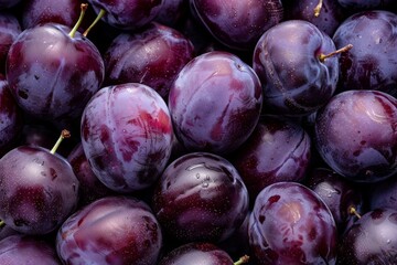 natural red plums in plate, close-up plums on plate,. Beautiful simple AI generated image in 4K, unique.