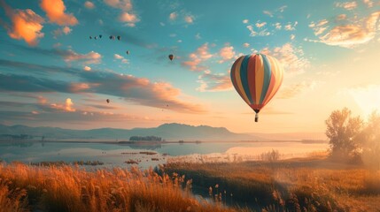 Obraz premium Beautiful inspirational landscape with hot air balloon flying in the sky, travel destination