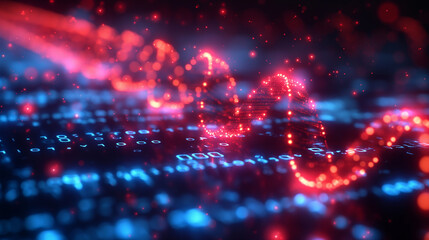 Blue and red neon light backdrop featuring DNA technology, genome research, and genetic biotechnology, emphasizing human DNA genes, genetics science, and molecular technology in healthcare.