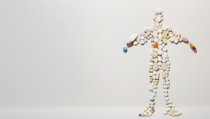 Obraz premium Human figure made of pills arranged as an athlete on a white background, wellness concept, athletic form, pharmaceutical health