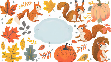 Fototapeta premium Squirrels and Autumn Leaves with Pumpkin Illustration