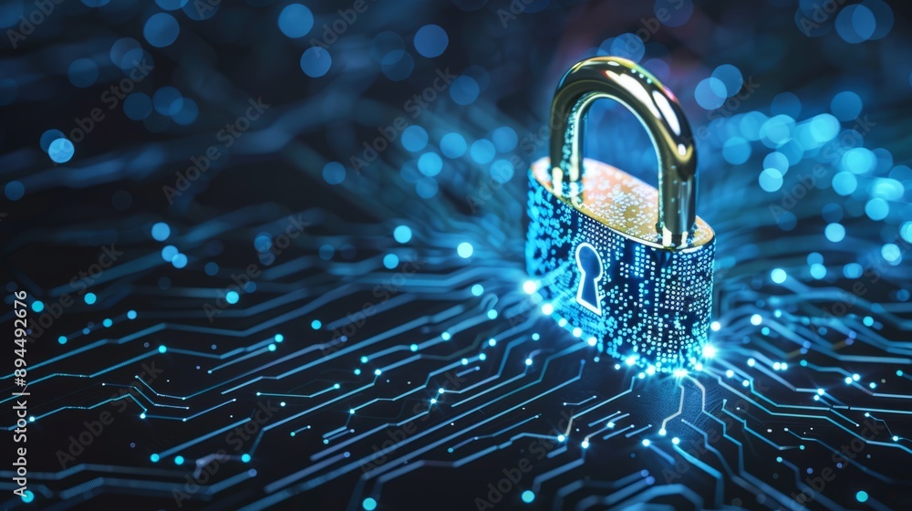 Poster digital padlock for computing system on dark blue background, cyber security technology for fraud pr