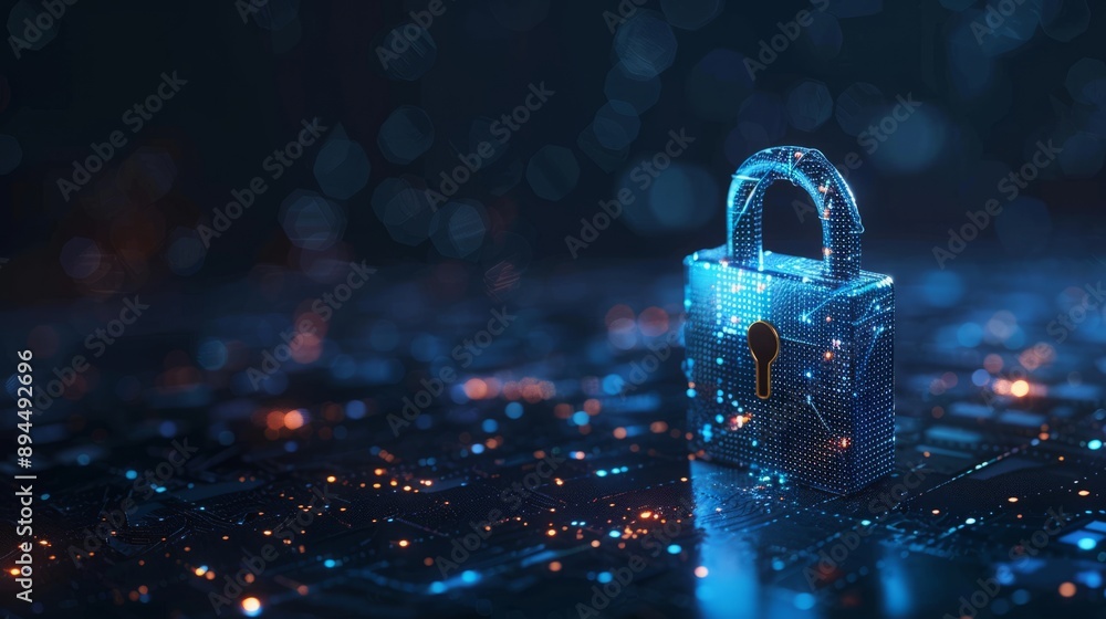 Poster digital padlock for computing system on dark blue background, cyber security technology for fraud pr