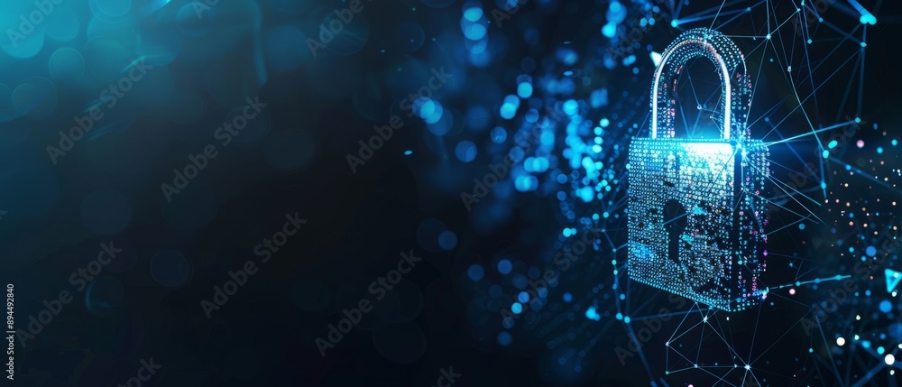 Poster digital padlock for computing system on dark blue background, cyber security technology for fraud pr