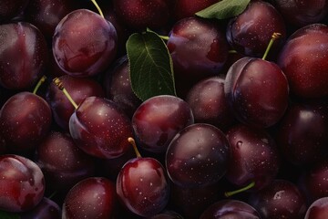 Fototapeta premium Background of ripe fresh plums. Close-up. Sale of plums at the farmers' market.. Beautiful simple AI generated image in 4K, unique.
