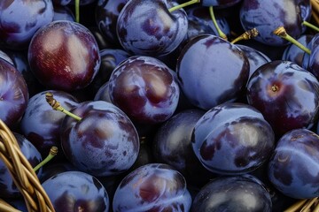 Fototapeta premium Fresh ripe damson plums rotating close-up top view.. Beautiful simple AI generated image in 4K, unique.