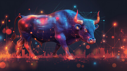 Stylized bull market illustration with an artistic bull and a background of ascending stock charts, highlighting bullish trends.