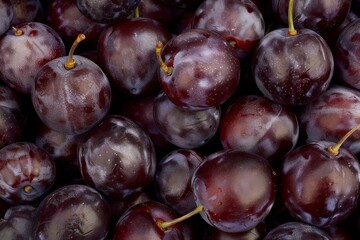 Fototapeta premium Wet purple plum on the table, delicious fresh harvest of oval-shaped and purple-colored plums in drops of water. Beautiful simple AI generated image in 4K, unique.