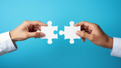 hands connecting two puzzle pieces together symbolizing collaboration and teamwork.