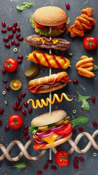 Junk Food Gene or fat mass and obesity associated genetics or FTO as a Fast-food concept with a DNA strand representing genetics and unhealthy eating affecting genes
