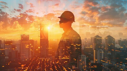 Professional workman, skyscrapers buildings at sunset, double exposure, construction expert company