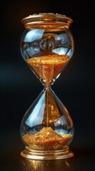 An elegant golden hourglass filled with shimmering golden sand, against a dark background, symbolizing the passage of time and the beauty of fleeting moments.