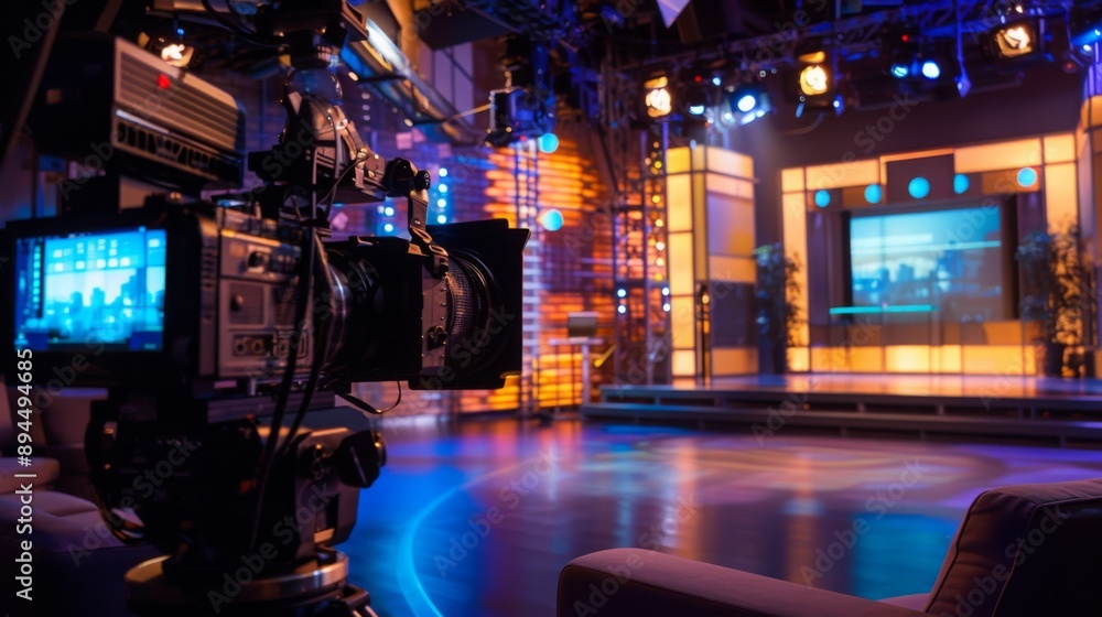 Aufkleber a television studio set is ready for filming, with a camera positioned in front of a stage and a lar