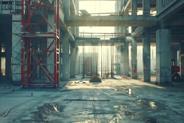 modern concrete and steel building construction site in morning