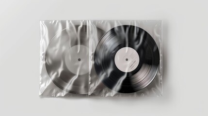 Vinyl plastic album cover frame with shrink texture overlay. A realistic  element pack for CD wrap sleeves, music disc advertising bags with fold and wrinkle effects in square clear material