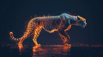 A cheetah walking across a shimmering water surface illuminated by a burst of orange and blue light