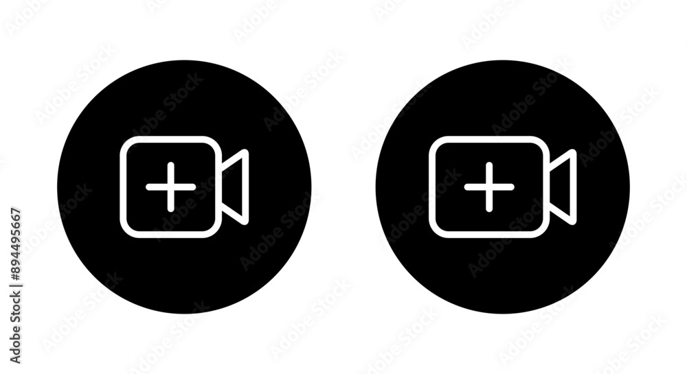 Poster add video icon on black circle. plus with camera sign symbol. upload content concept