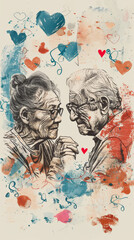 Fototapeta premium Elderly Couple Holding Hands Illustration