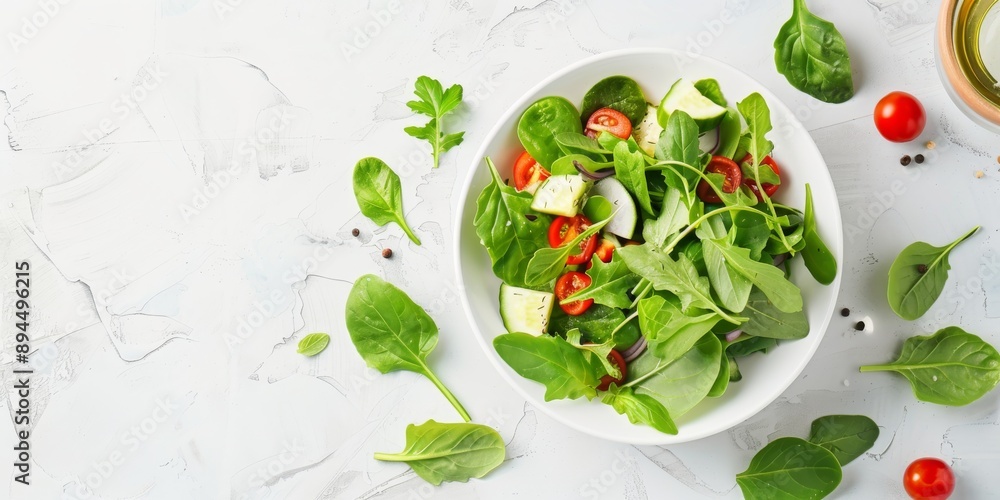 Poster fresh and colorful mixed vegetable salad flat lay with minimalistic presentation