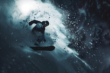 Naklejka premium High-energy action shot of a snowboarder performing a trick.