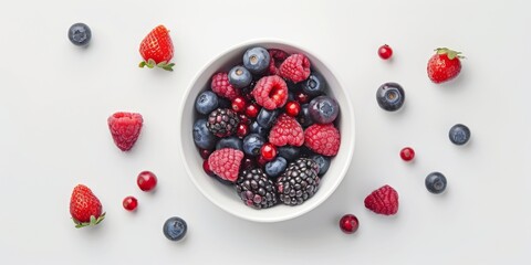 Vibrant Assorted Berries in Bowl on Clean White Background, Top View Flat Lay Composition