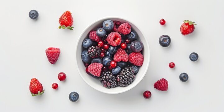 Vibrant Assorted Berries in Bowl on Clean White Background, Top View Flat Lay Composition