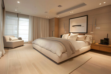 Minimalist modern bedroom with clean lines and neutral tones.



