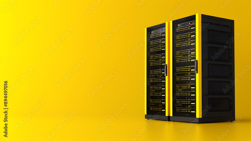 Poster several server racks standing in front of a clean background