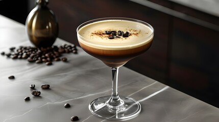 Espresso martini in a chic cocktail glass with coffee beans sprinkled around the base