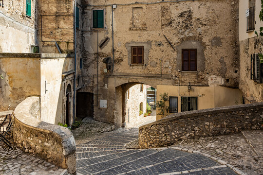 A glimpse of the ancient medieval village of Casperia, in the province of Rieti, Italy. The old stone and brick buildings and cobblestone streets.