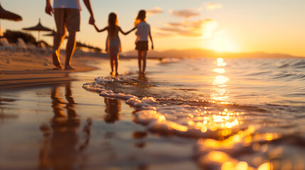 A family on a beach holding hands and getting ready to go into the sea