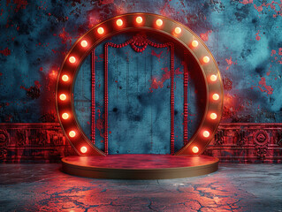 Circus stage podium background 3D carnival light red show curtain. Circus platform stage podium tent theater arena sign vintage spotlight circle stand bulb ringmaster ring cirque cartoon party cinema
