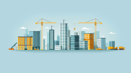 City skyline illustration with construction cranes, buildings, and machinery, highlighting urban development and architectural progress.