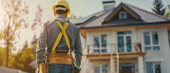 A male craftsman wearing a yellow helmet and overalls with a tool belt stands in front of his house
