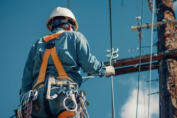Technician wearing a harness while working on a power line