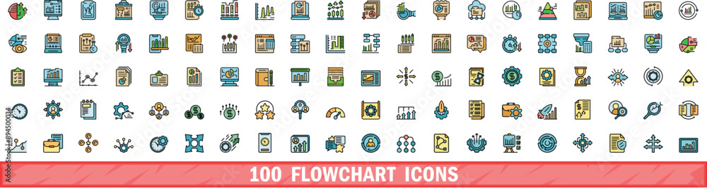 Poster 100 flowchart icons set. color line set of flowchart vector icons thin line color flat on white