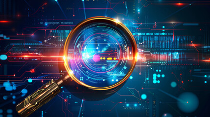 Magnifying glass on a background of state-of-the-art electronic technology. The image depicts a magnifying glass symbolizing detailed analysis and search, with advanced electronic elements, 