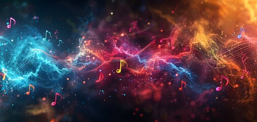 Abstract 3D Background with Colorful Music Notes and Wavy Light Trails