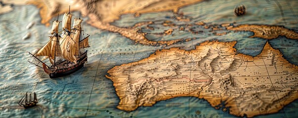 Vintage nautical map with old sailing ship models exploring the world, evoking exploration and adventure from a bygone era.