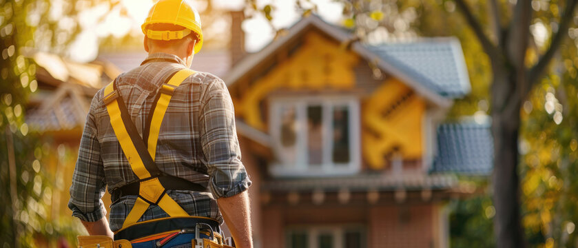 A male craftsman wearing a yellow helmet and overalls with a tool belt stands in front of his house. back of view.