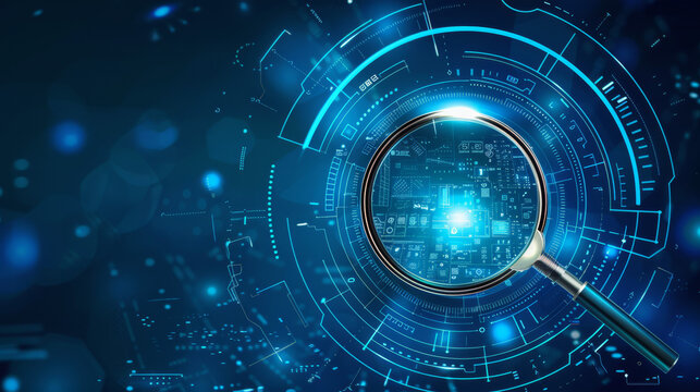 Magnifying glass on a background of state-of-the-art electronic technology. The image depicts a magnifying glass symbolizing detailed analysis and search, with advanced electronic elements, 